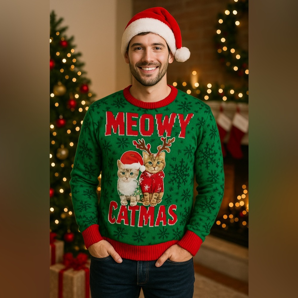 Meowy Catmas Ugly Christmas Sweater Cats Graphic Holiday Knit Size Medium